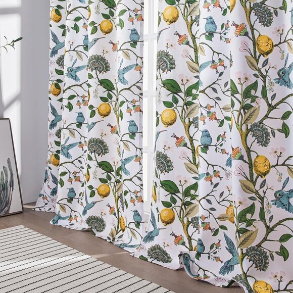 Floral Lemon Hummingbird Curtains Patterned Waverly Mid-Century Style - Picture 7 of 9